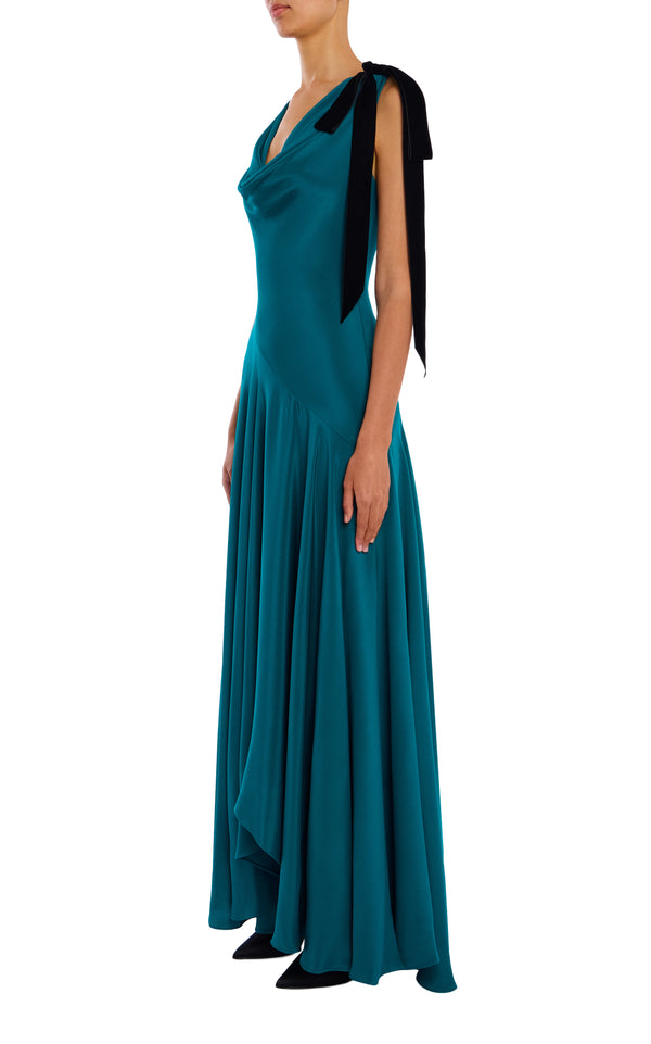 Rodarte Teal Silk Crepe Cowl Neck Dress With Handkerchief Skirt And Velvet Bow