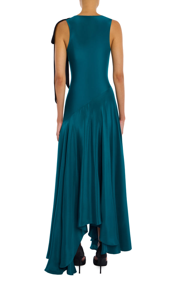 Rodarte Teal Silk Crepe Cowl Neck Dress With Handkerchief Skirt And Velvet Bow