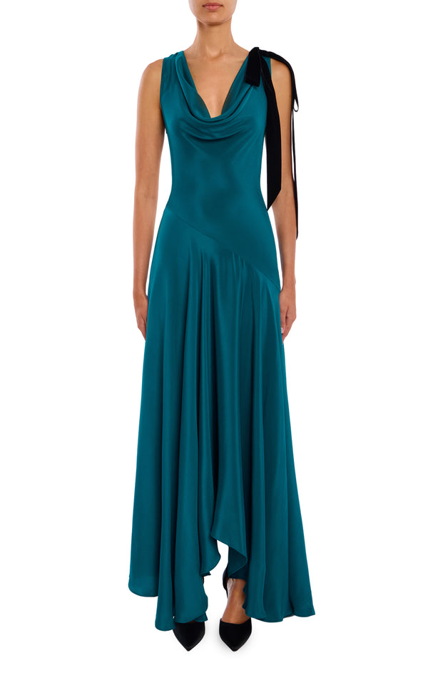 rodarte Teal Silk Crepe Cowl Neck Dress With Handkerchief Skirt And Velvet Bow