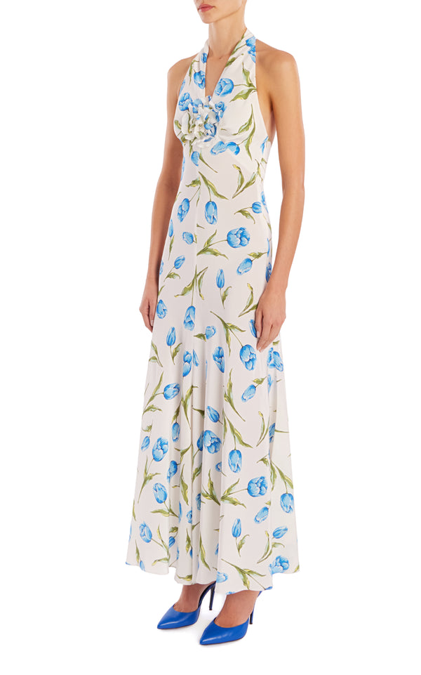 Rodarte Tulip Printed Silk Halter Maxi Dress With Silk Flower