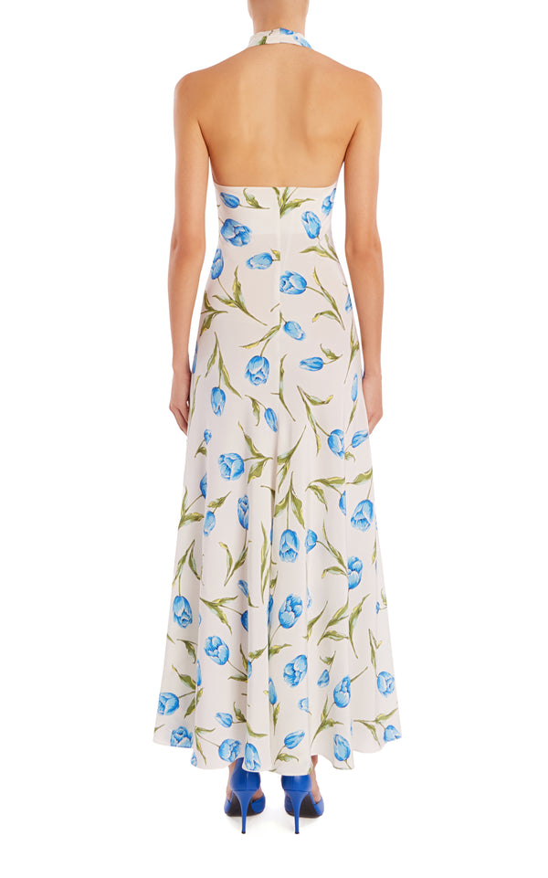 Rodarte Tulip Printed Silk Halter Maxi Dress With Silk Flower