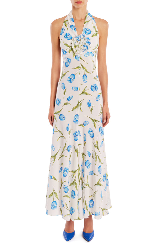 rodarte Tulip Printed Silk Halter Maxi Dress With Silk Flower