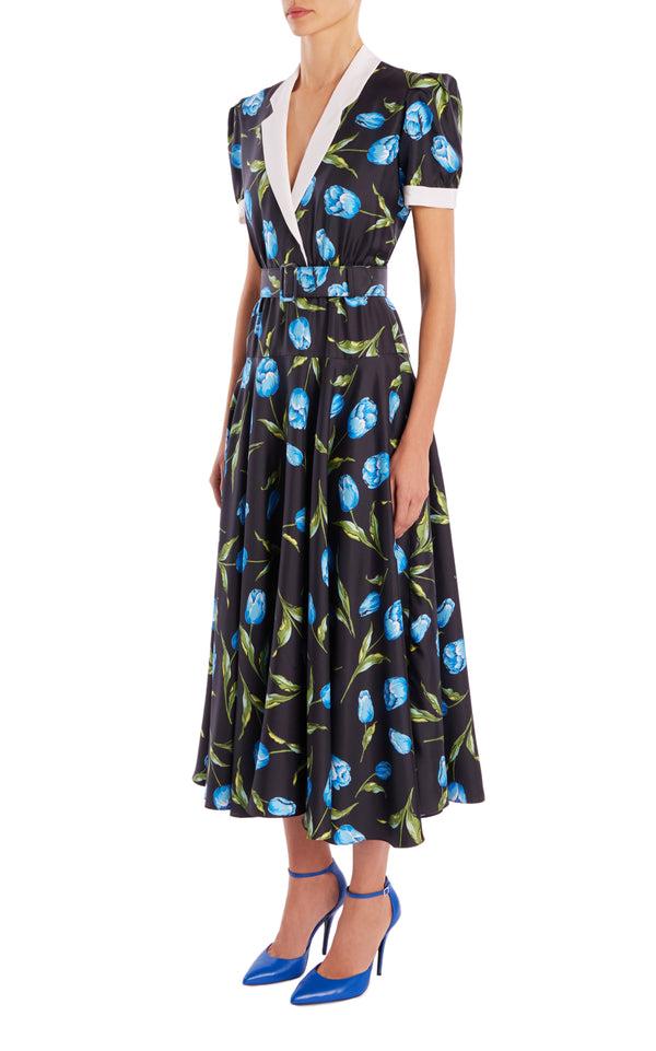 Rodarte Tulip Printed Silk Silk Twill Collared Dress With Belt