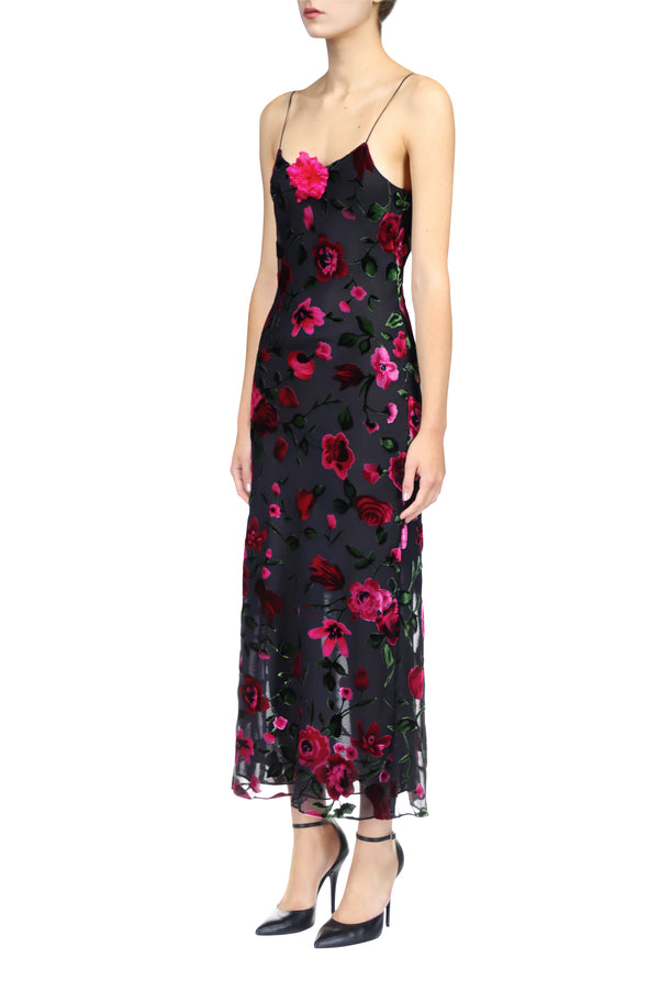 Rodarte Velvet Devoré Slip Dress With Silk Flower Pin