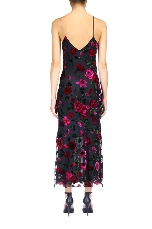 Rodarte Velvet Devoré Slip Dress With Silk Flower Pin