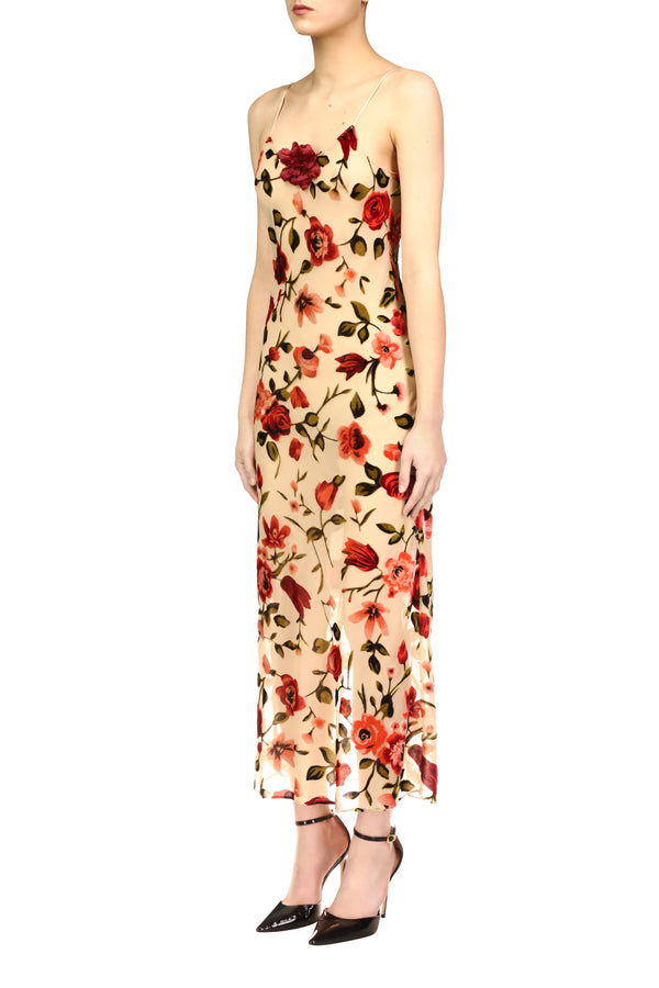 Rodarte Velvet Devoré Slip Dress With Silk Flower Pin