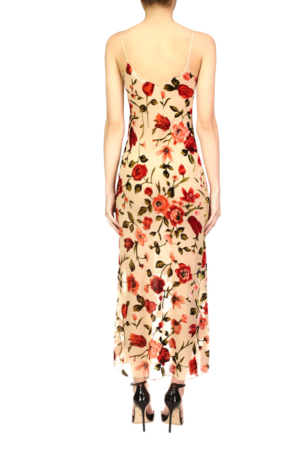 Rodarte Velvet Devoré Slip Dress With Silk Flower Pin