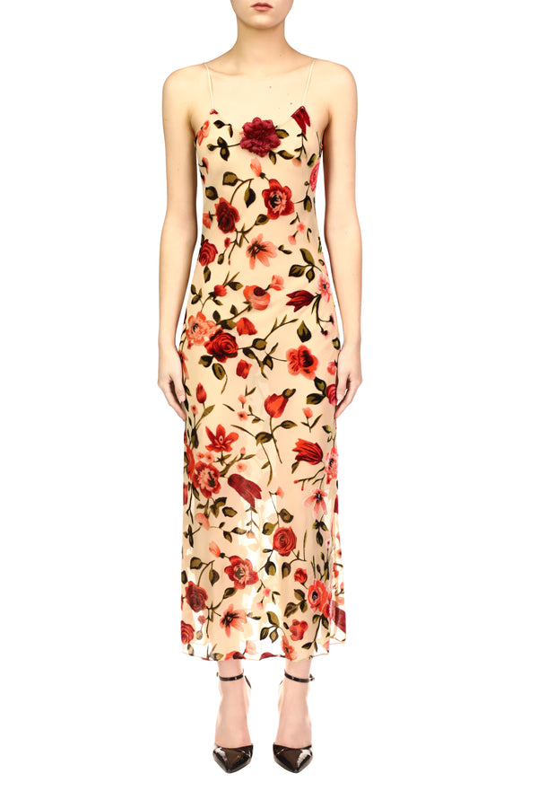 rodarte Velvet Devoré Slip Dress With Silk Flower Pin