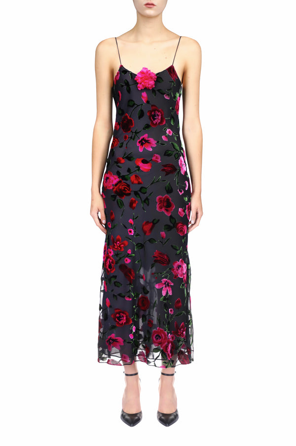 rodarte Velvet Devoré Slip Dress With Silk Flower Pin
