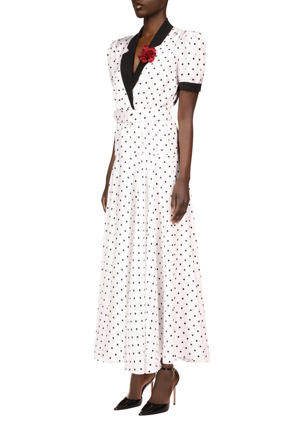 Rodarte White And Black Polka Dot Silk Twill Collared Dress With Belt
