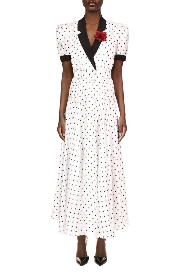 rodarte White and Black Polka Dot Silk Twill Collared Dress With Belt
