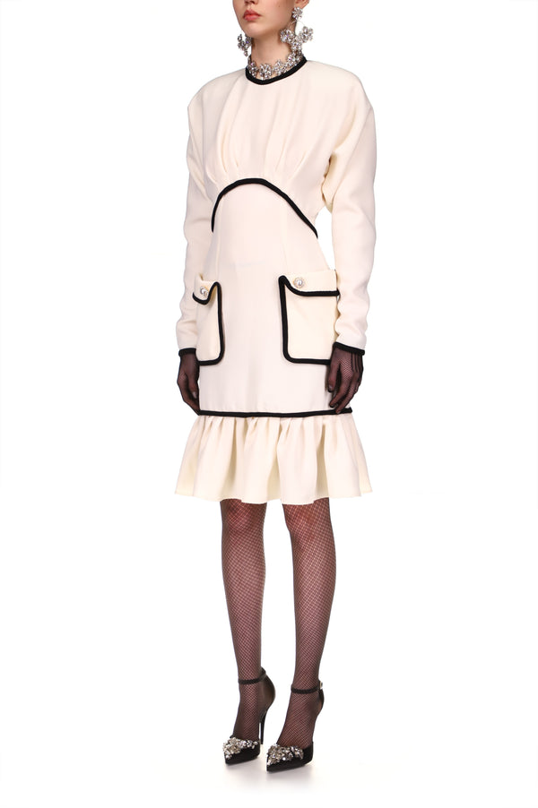 Rodarte White And Black Wool Batwing Dress With Pearl Buttons