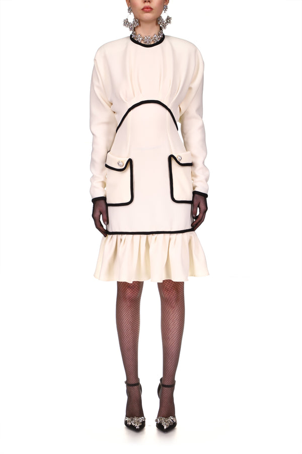 rodarte White And Black Wool Batwing Dress With Pearl Buttons