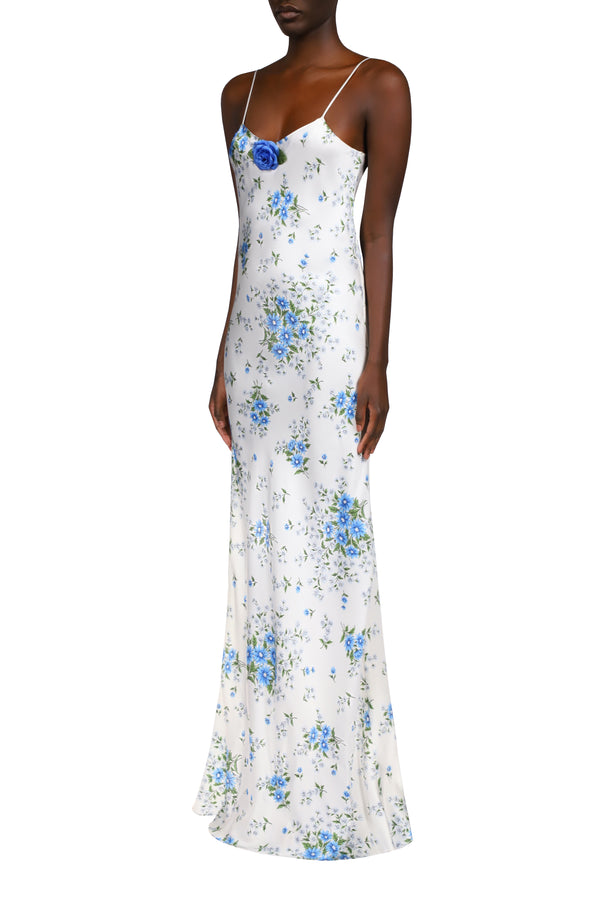 Rodarte White And Blue Daisy Bias Silk Slip With Silk Rosette