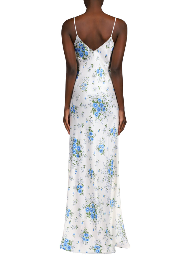 Rodarte White And Blue Daisy Bias Silk Slip With Silk Rosette