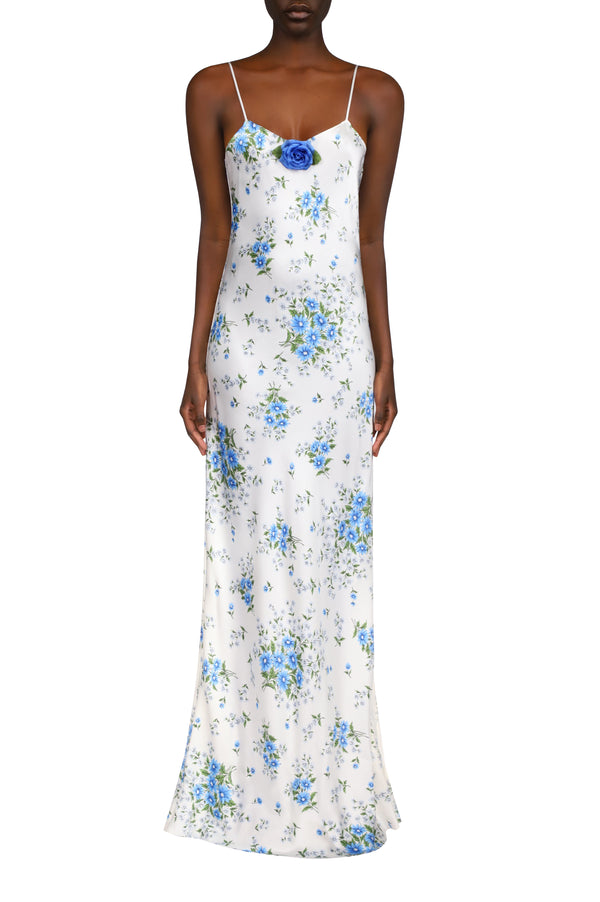 rodarte White And Blue Daisy Bias Silk Slip With Silk Rosette rodarte White And Blue Daisy Bias Silk Slip With Silk Rosette