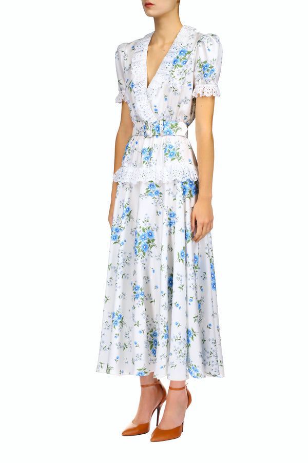 Rodarte White And Blue Daisy Silk Twill Dress With Eyelet Ruffle Detail And Belt