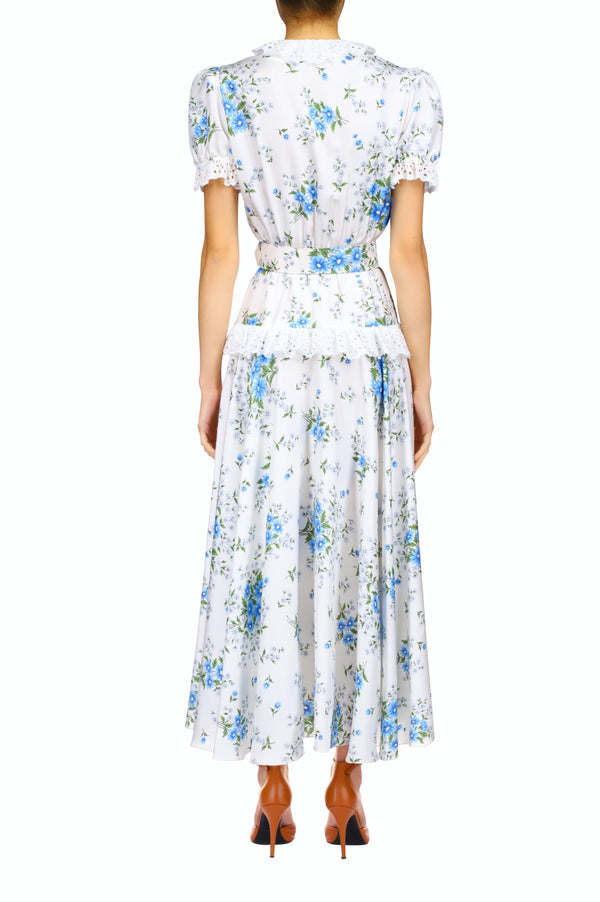 Rodarte White And Blue Daisy Silk Twill Dress With Eyelet Ruffle Detail And Belt
