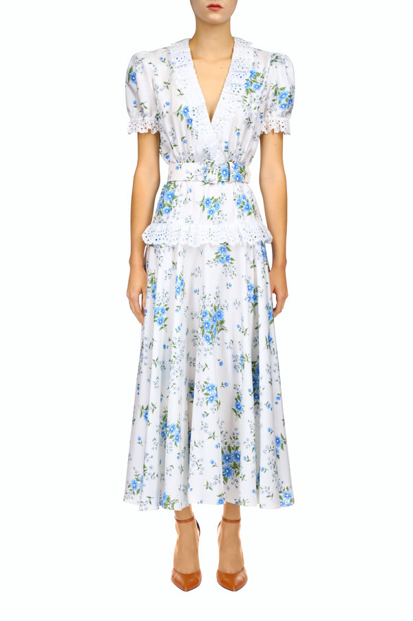 rodarte White And Blue Daisy Silk Twill Dress With Eyelet Ruffle Detail And Belt