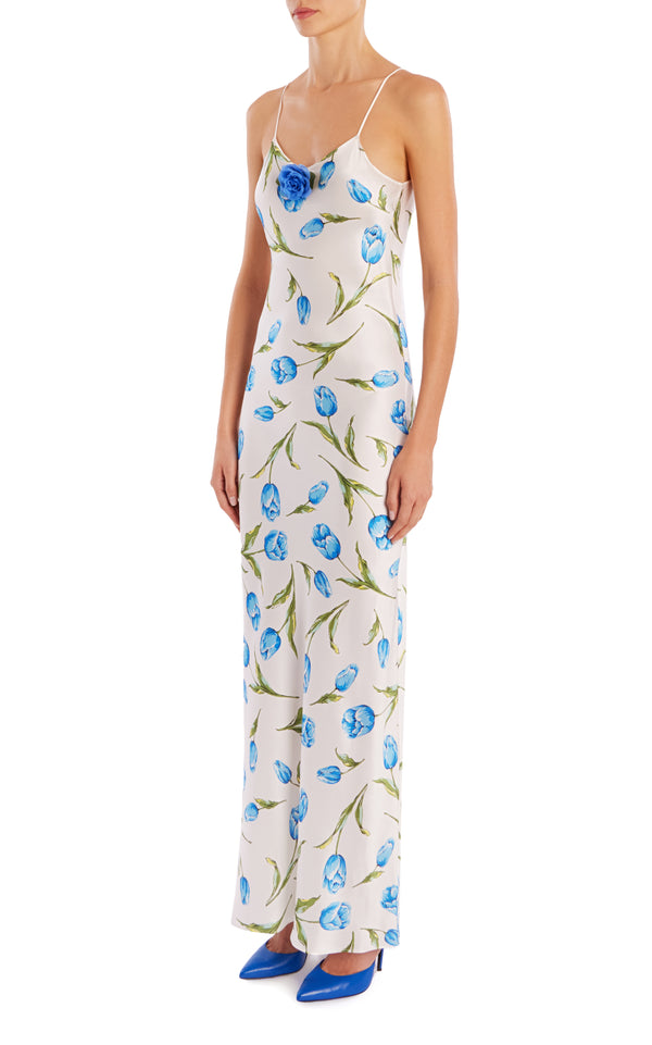 Rodarte White And Blue Tulip Printed Silk Bias Slip With Silk Rosette