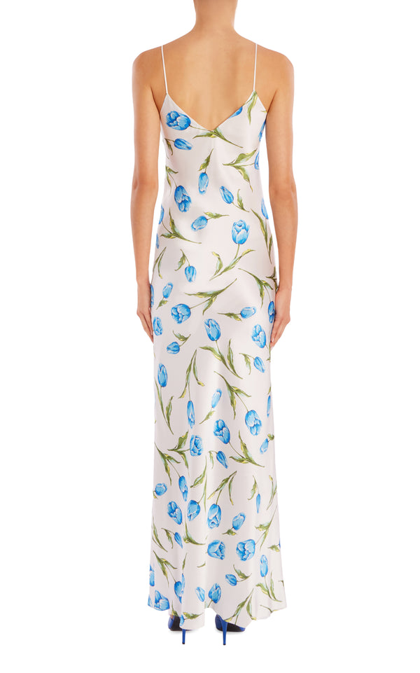 Rodarte White And Blue Tulip Printed Silk Bias Slip With Silk Rosette