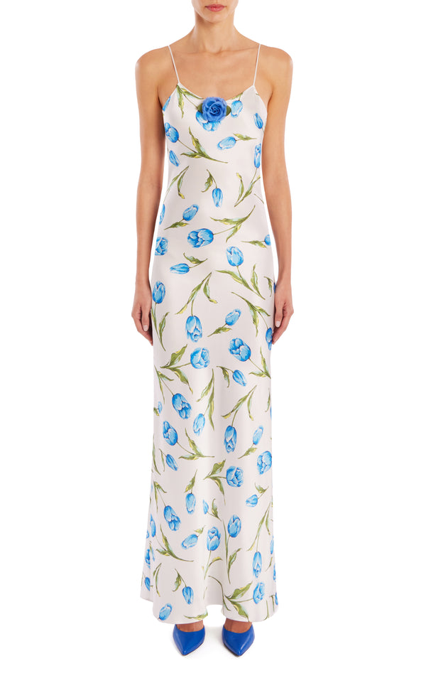 rodarte White And Blue Tulip Printed Silk Bias Slip With Silk Rosette