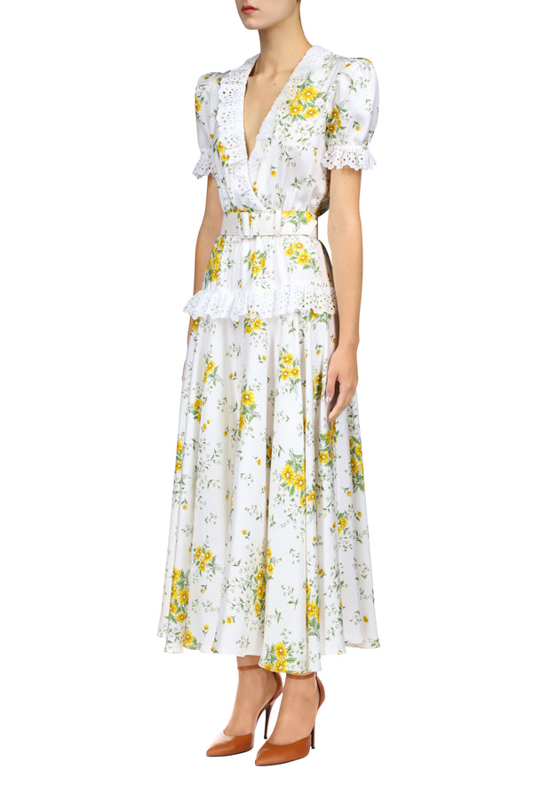 Rodarte White And Yellow Daisy Silk Twill Dress With Eyelet Ruffle Detail And Belt