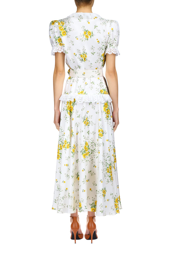 Rodarte White And Yellow Daisy Silk Twill Dress With Eyelet Ruffle Detail And Belt