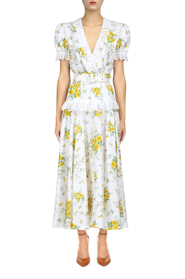 rodarte White And Yellow Daisy Silk Twill Dress With Eyelet Ruffle Detail And Belt
