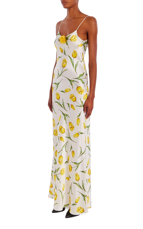 Rodarte White And Yellow Tulip Printed Silk Bias Slip With Silk Rosette