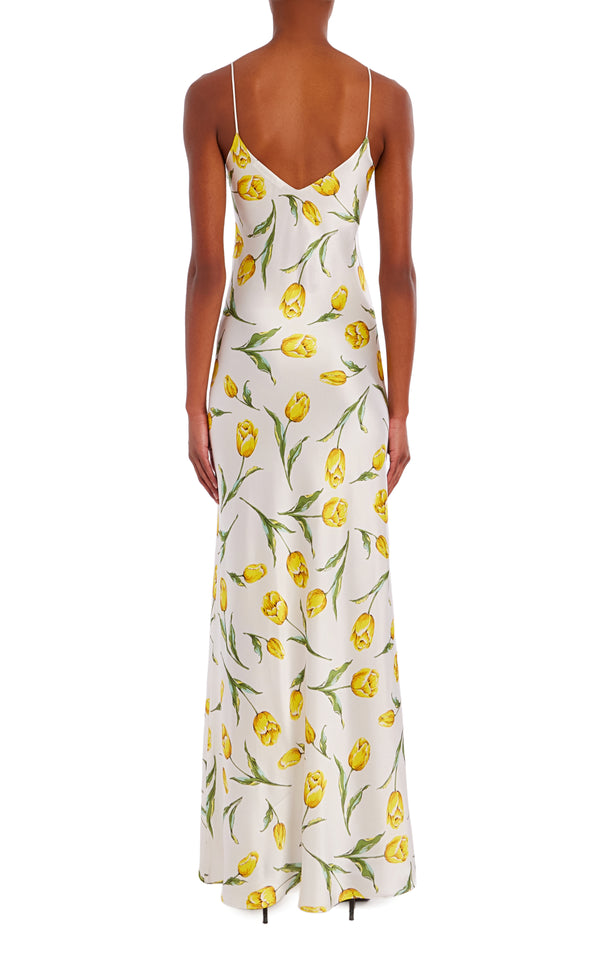 Rodarte White And Yellow Tulip Printed Silk Bias Slip With Silk Rosette