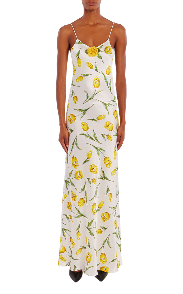 rodarte White And Yellow Tulip Printed Silk Bias Slip With Silk Rosette