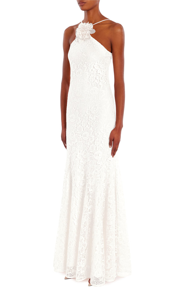 Rodarte White French Levers Lace Halter Gown With Flower