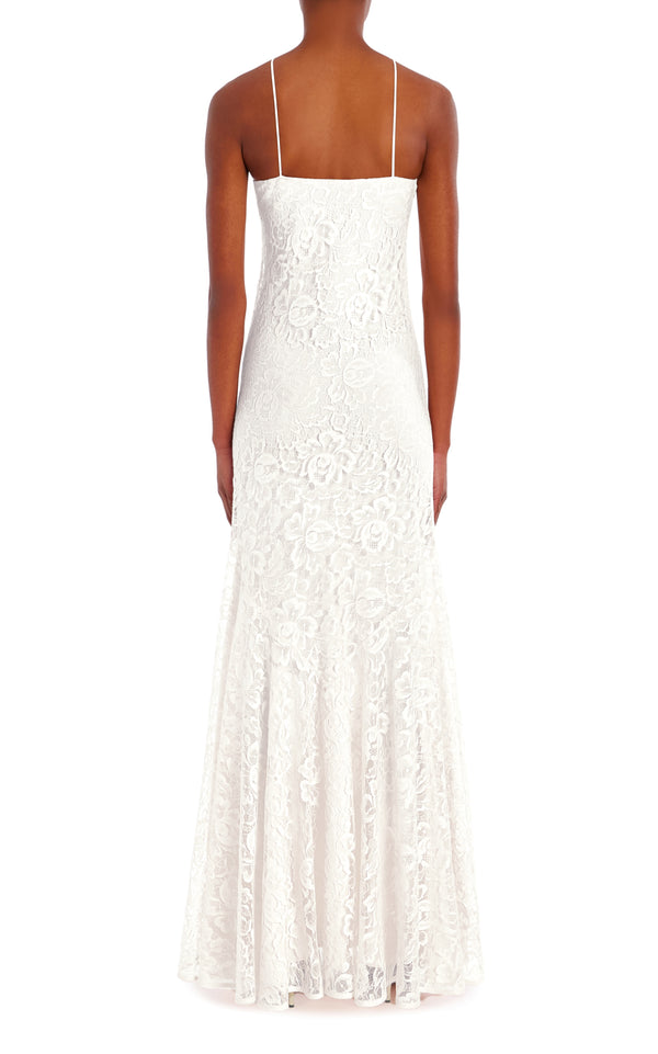 Rodarte White French Levers Lace Halter Gown With Flower