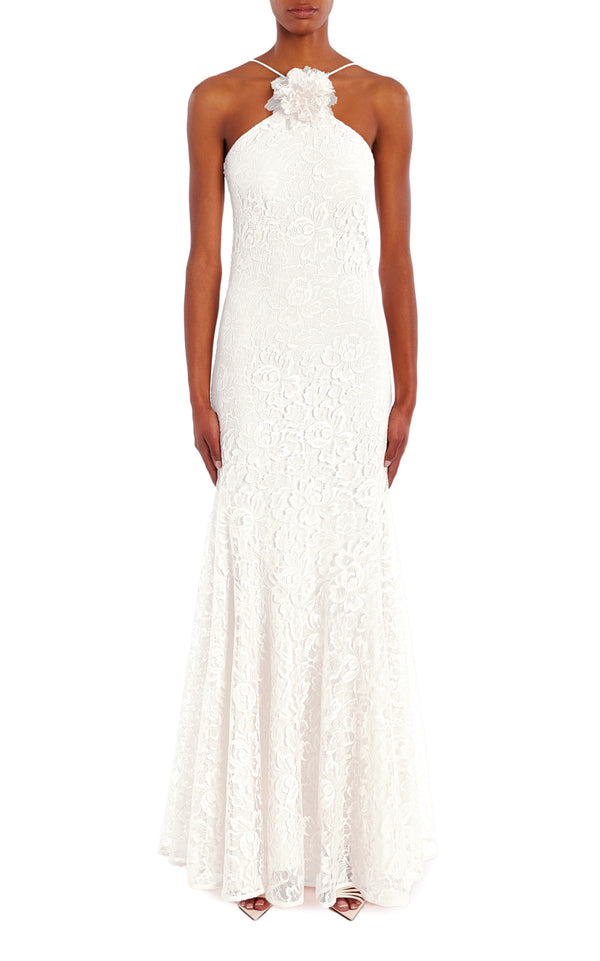 rodarte White French Levers Lace Halter Gown with Flower
