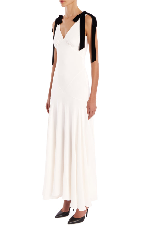 Rodarte White Silk Crepe Bias Dress With Black Velvet Ribbon Bow Detail