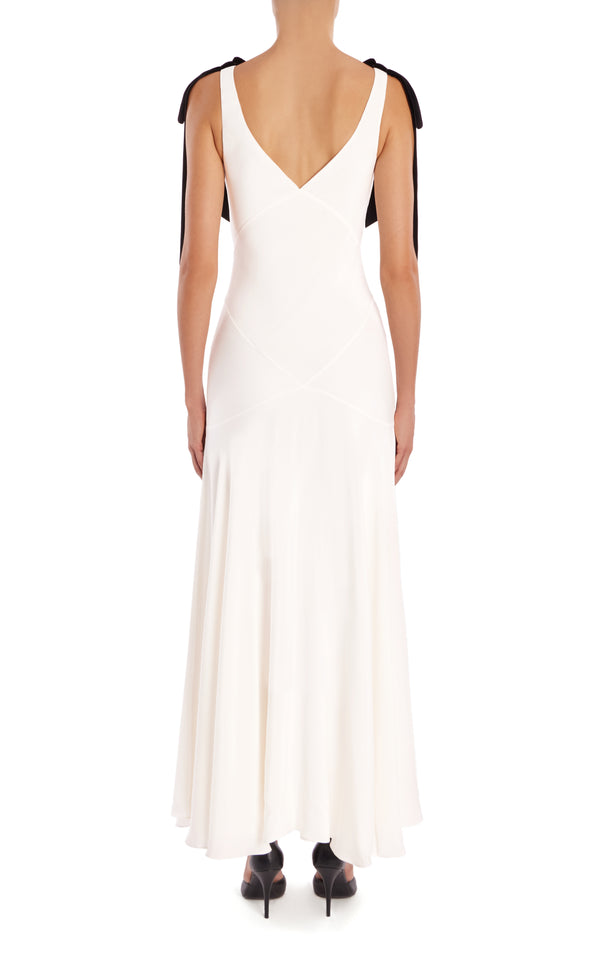 Rodarte White Silk Crepe Bias Dress With Black Velvet Ribbon Bow Detail
