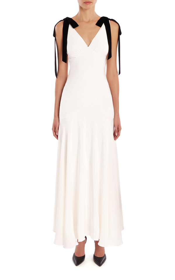 rodarte White Silk Crepe Bias Dress With Black Velvet Ribbon Bow Detail