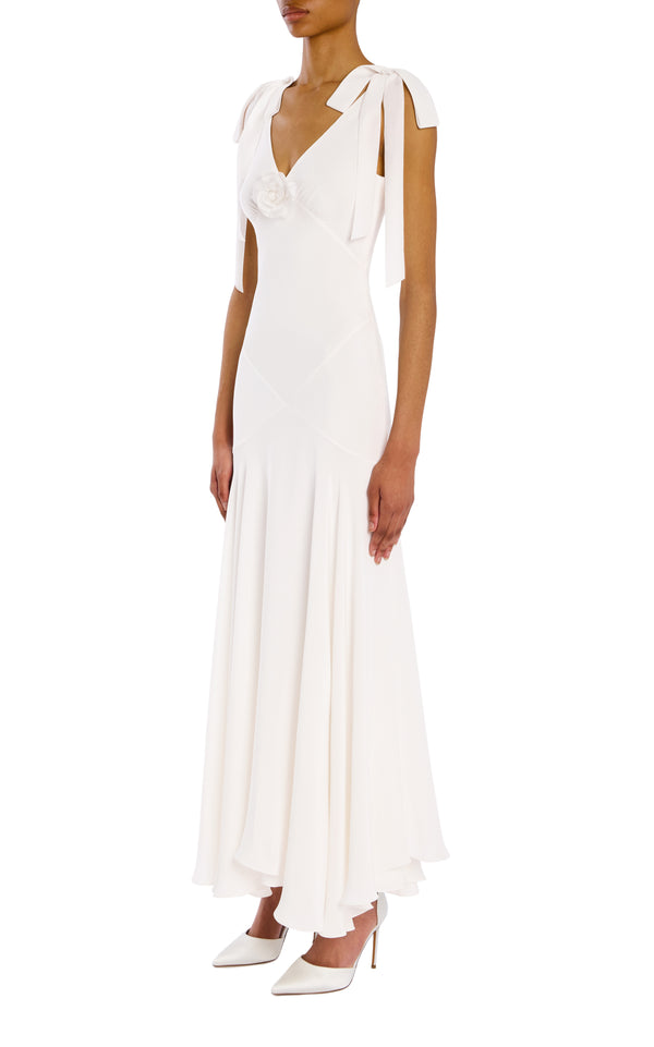 Rodarte White Silk Crepe Bias Dress With White Velvet Ribbon Bow Detail