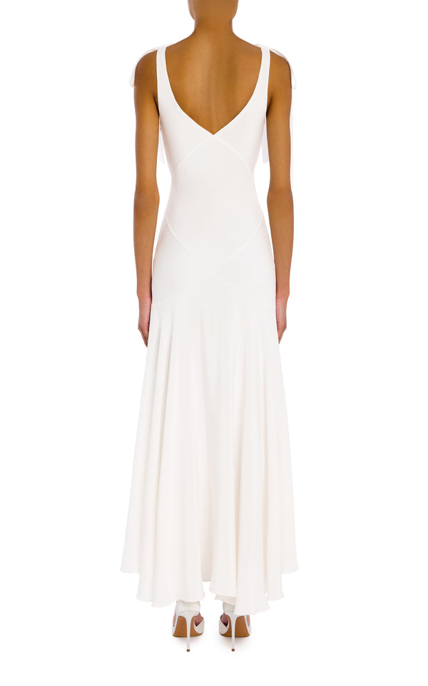 Rodarte White Silk Crepe Bias Dress With White Velvet Ribbon Bow Detail