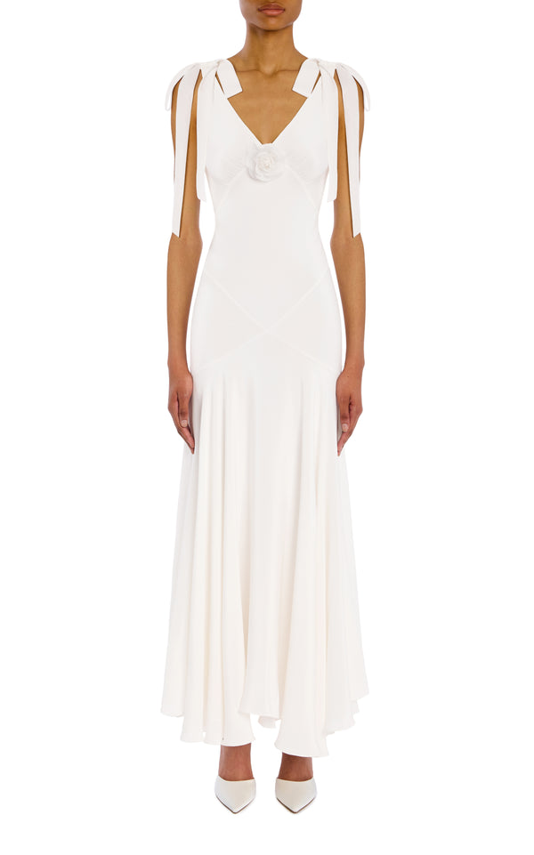 rodarte White Silk Crepe Bias Dress With White Velvet Ribbon Bow Detail