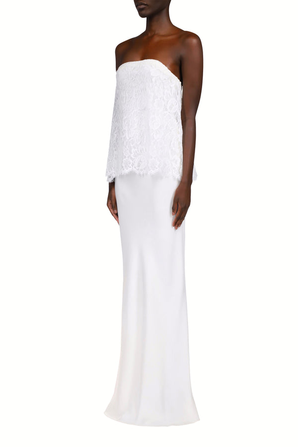 Rodarte White Silk Crepe Strapless Bias Gown With White Lace Overlay