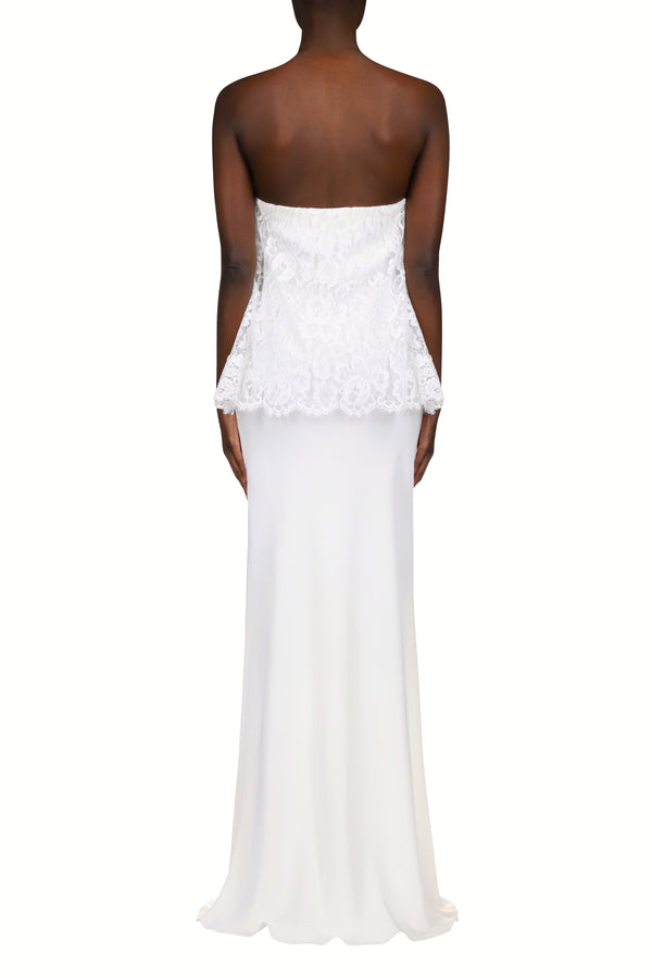 Rodarte White Silk Crepe Strapless Bias Gown With White Lace Overlay