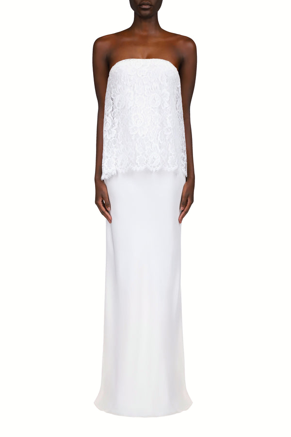 rodarte White Silk Crepe Strapless Bias Gown With White Lace Overlay