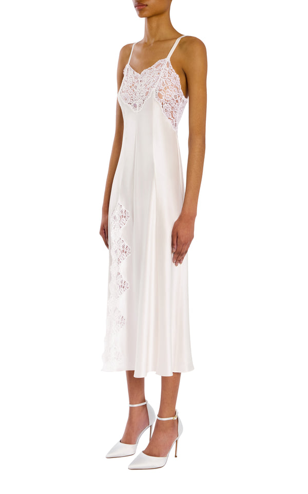 Rodarte White Silk Satin And Lace Bias Slip Dress With Slit