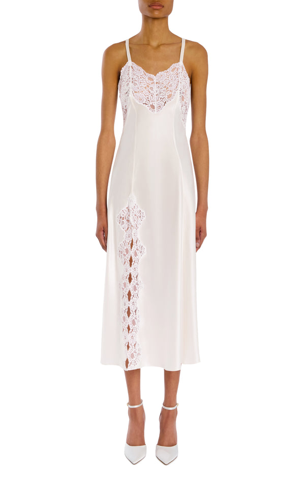 rodarte White Silk Satin And Lace Bias Slip Dress With Slit