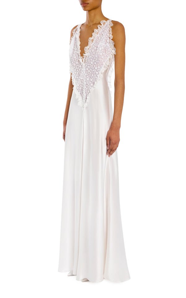 Rodarte White Silk Satin Dress With Beaded Tulle And Lace Trim Detail