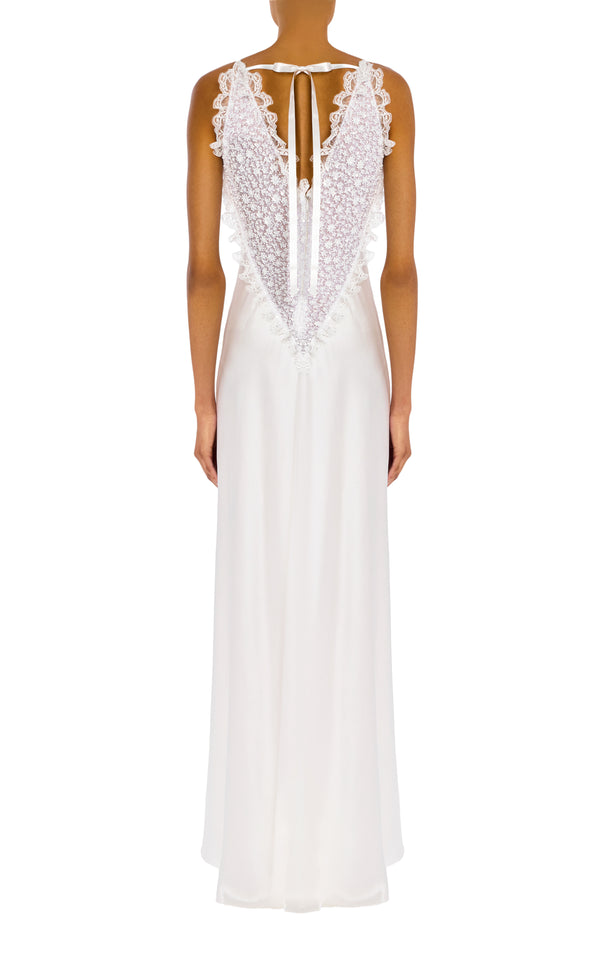 Rodarte White Silk Satin Dress With Beaded Tulle And Lace Trim Detail