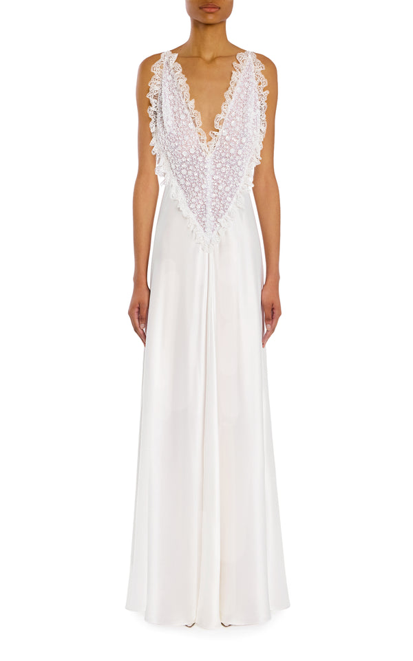 rodarte White Silk Satin Dress With Beaded Tulle And Lace Trim Detail