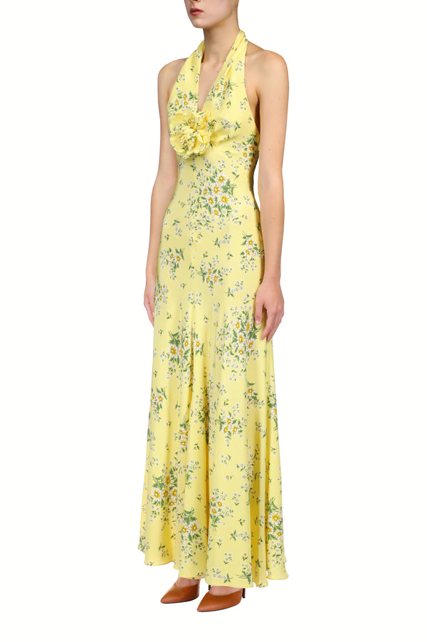 Rodarte Yellow Daisy Silk Halter Dress With Silk Flower